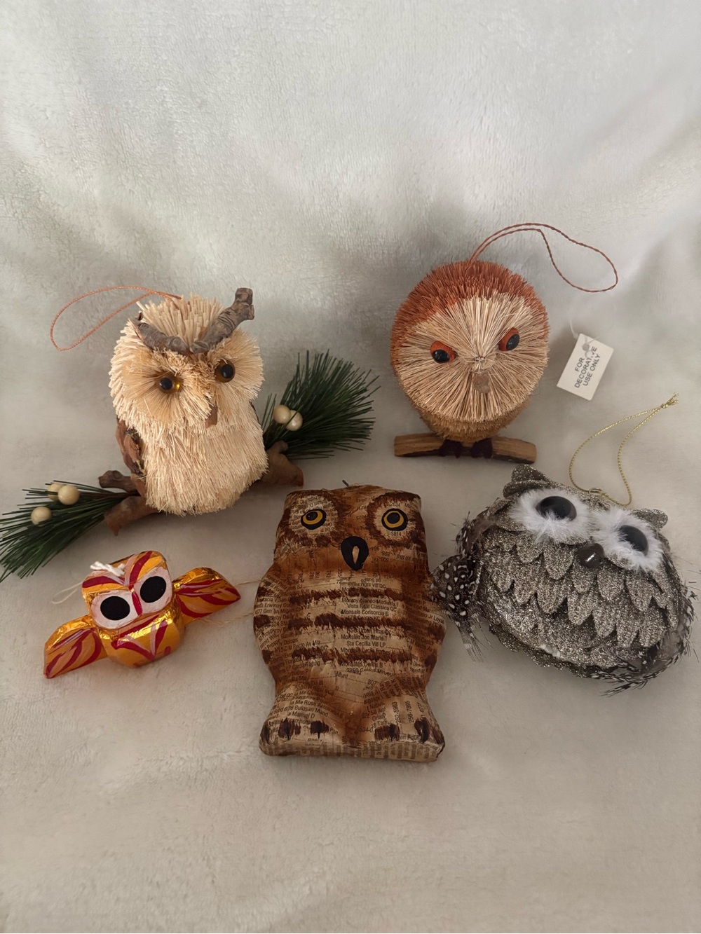 Owl Set of 5 Rustic Woodland Christmas Ornaments Mixed Media Straw Mache